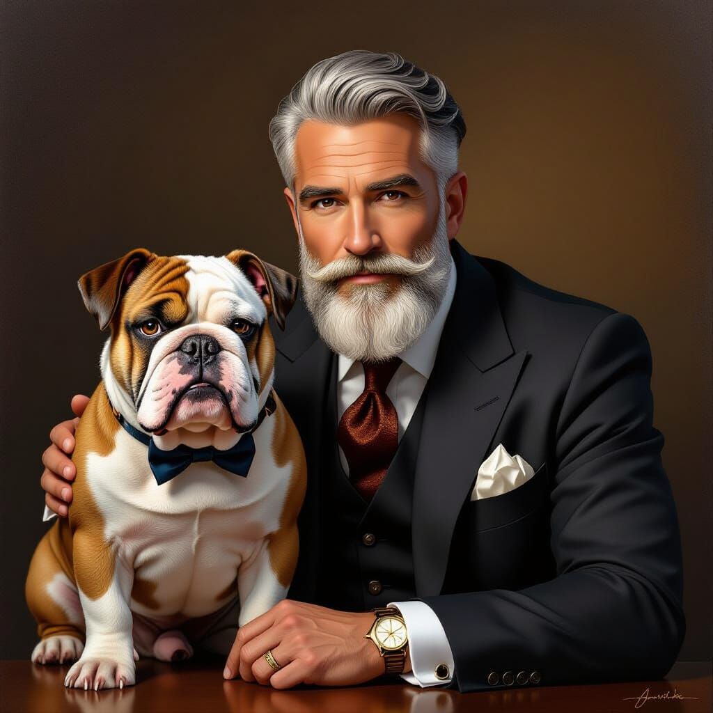 Dapper Gentleman and Bulldog in Rembrandt Style
