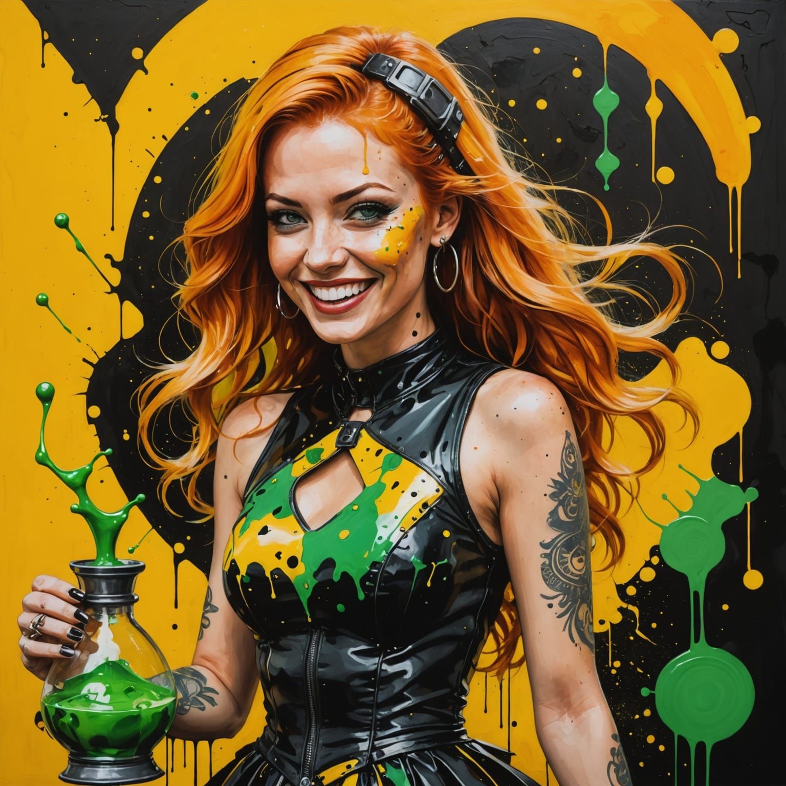 Vibrant Punk Rock Goddess in a Yellow and Black Space