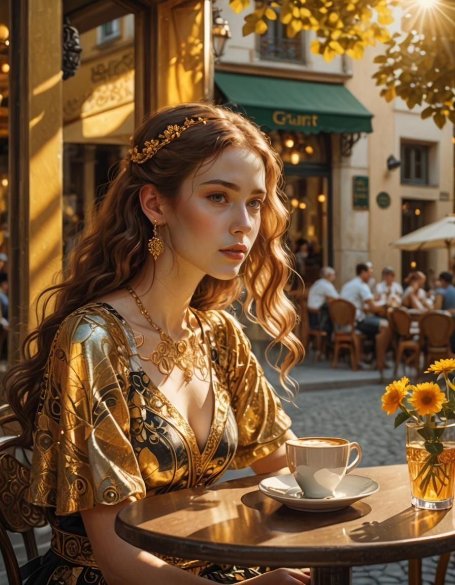 Girl in Sunny Cafe, Art Nouveau Style