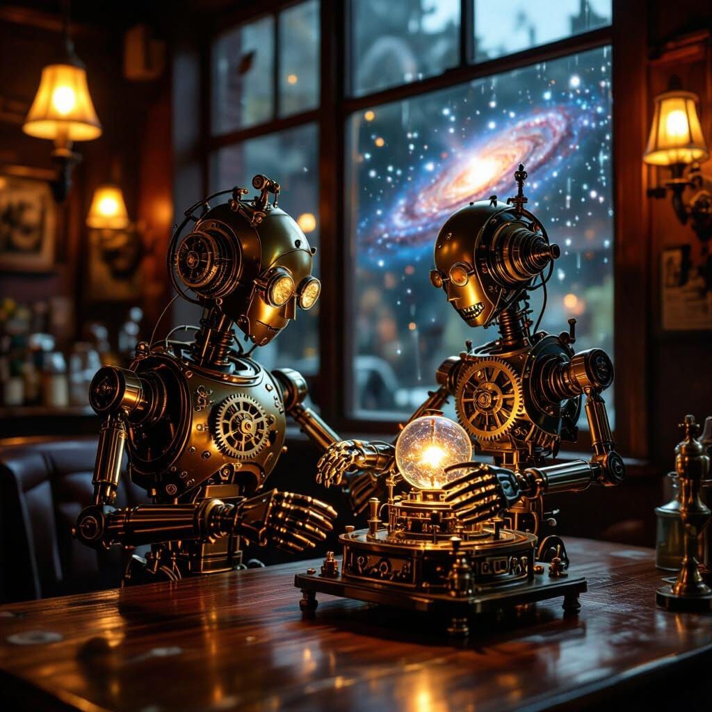 A vintage automaton, adorned with polished brass gears and l...