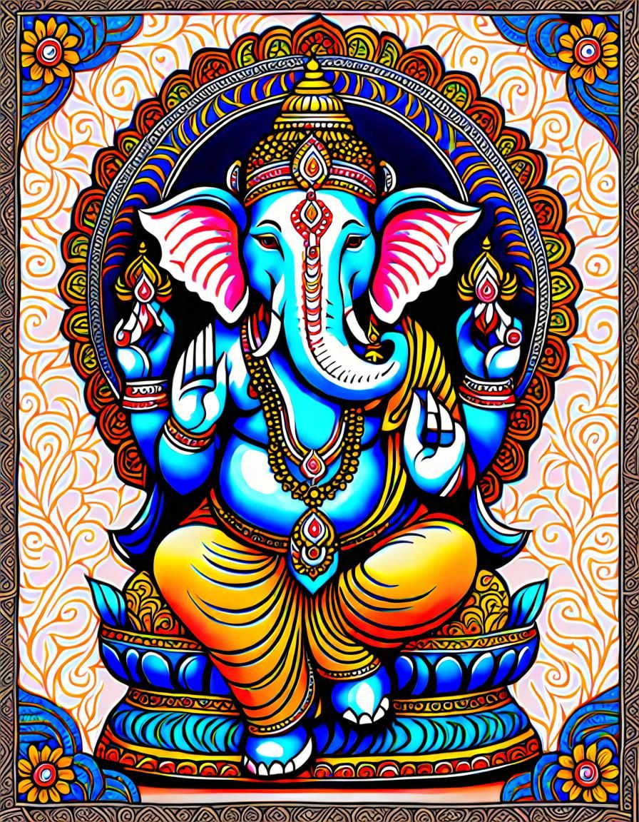 Madhubani Line Art Colored Image of Lord Ganesh Idol
