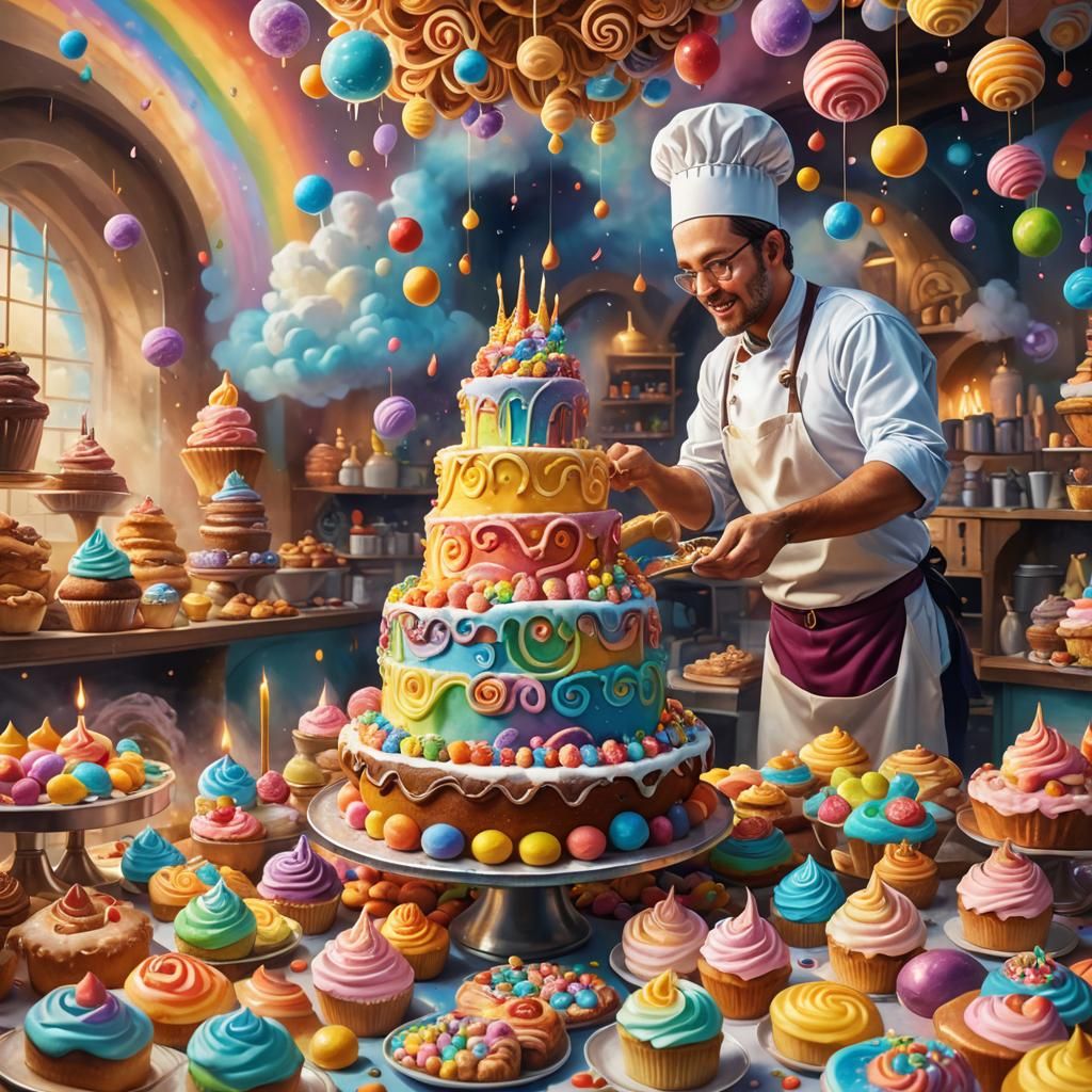 Magical Baker Creates Rainbow Cake, Fantasy Art