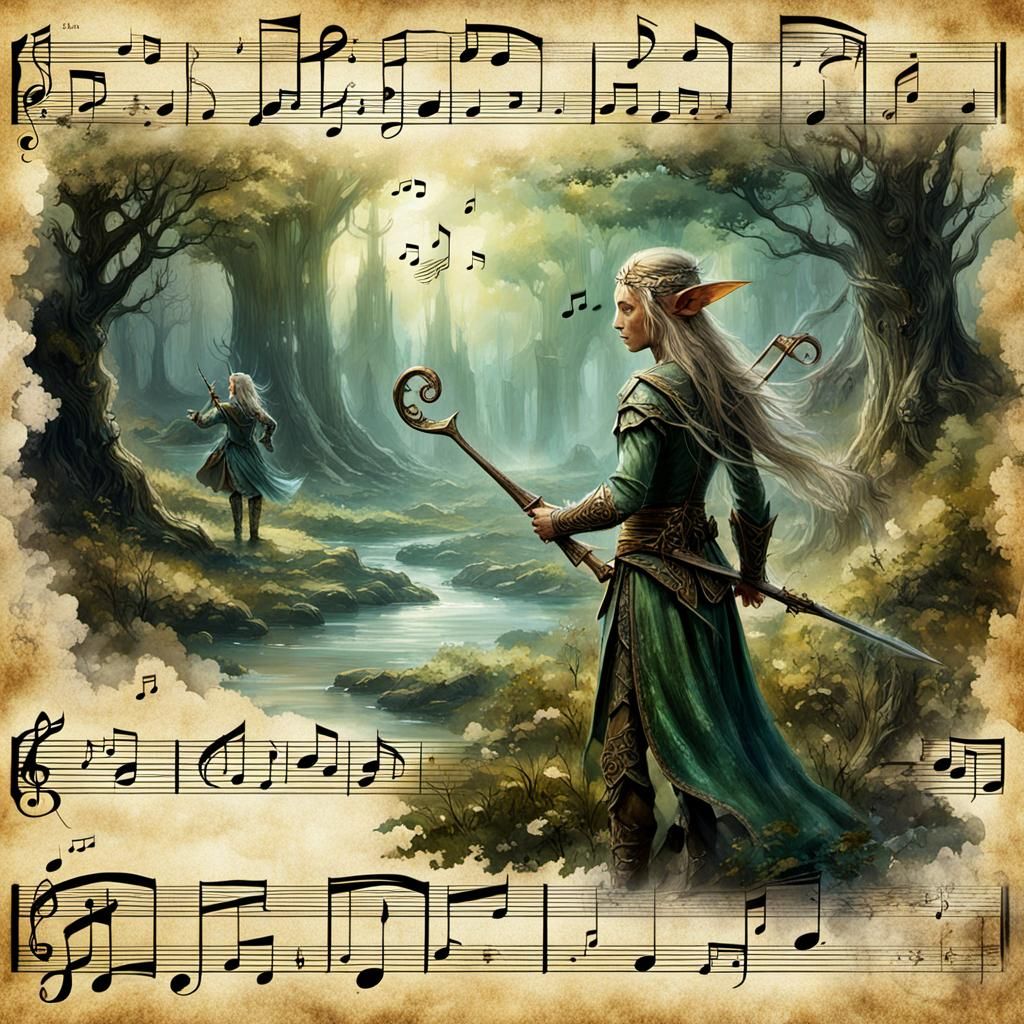 Elven Music Sheet with Hopping Elves: Fantasy Art