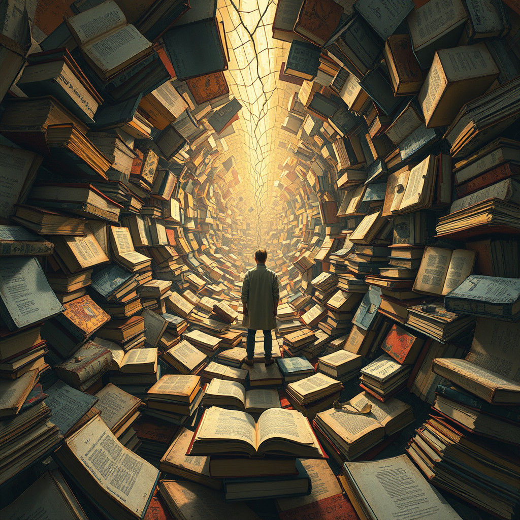 Surreal Vortex of Decaying Books and Fractured Reality