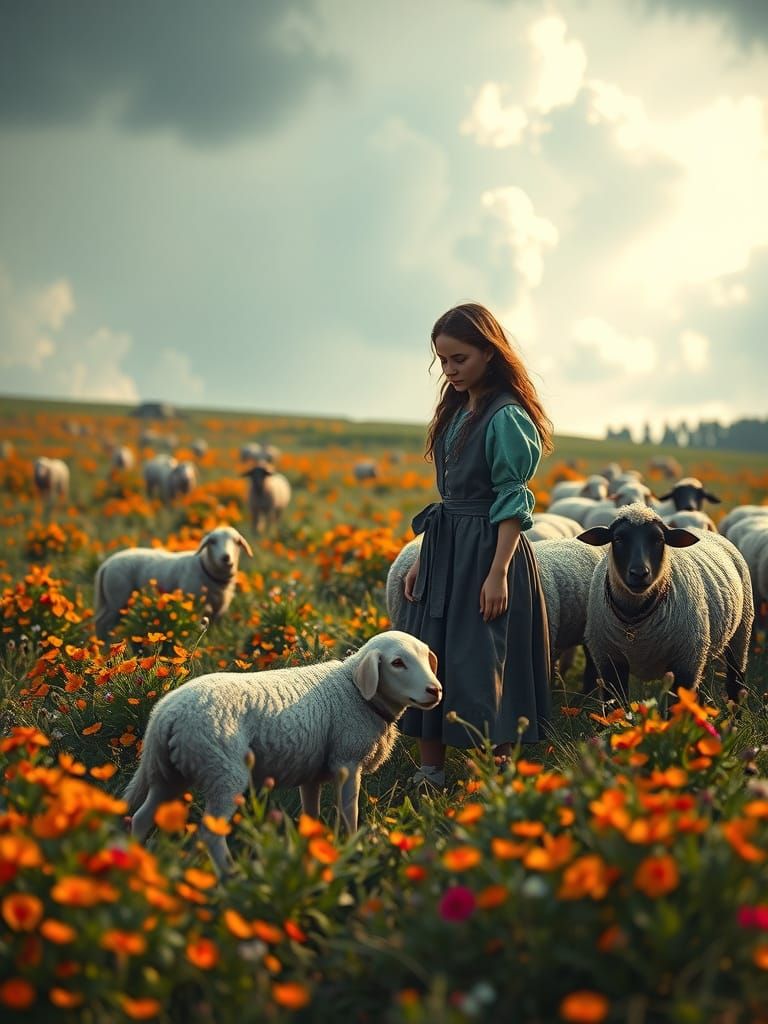 Girl Tending Sheep in Field, Hyperdetailed Concept Art