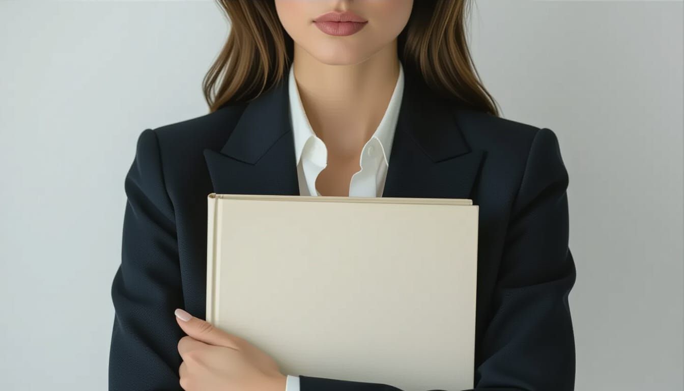 Confident Woman with Book in High-Contrast Studio Portrait