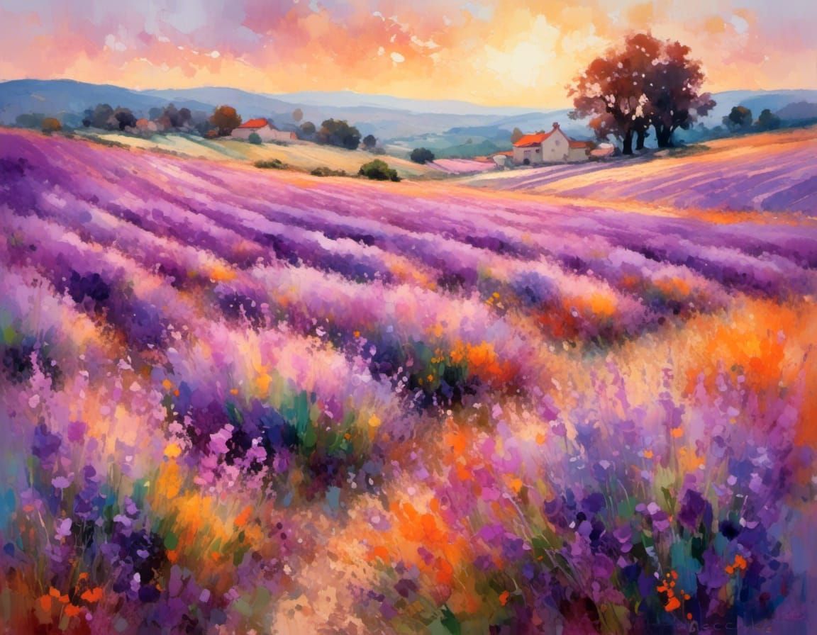 French Lavender Fields in Impressionist Acrylic Painting