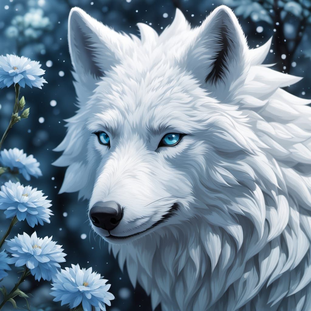 White Wolf with Blue Flowers, Anime Style