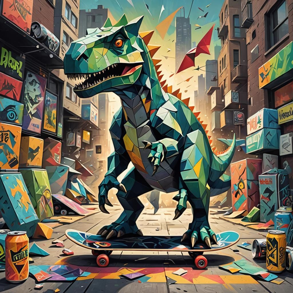 Dinosaur on Skateboard in Cubist Anime Style