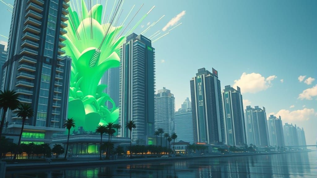 Futuristic Cityscape with Green Explosion
