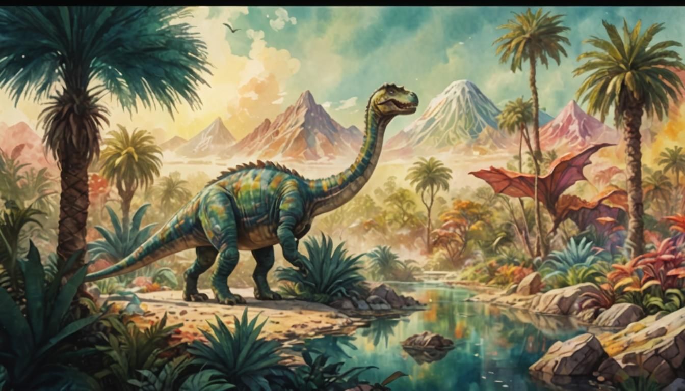 Jurassic Dinosaur in Abstract Watercolor Wonderland
