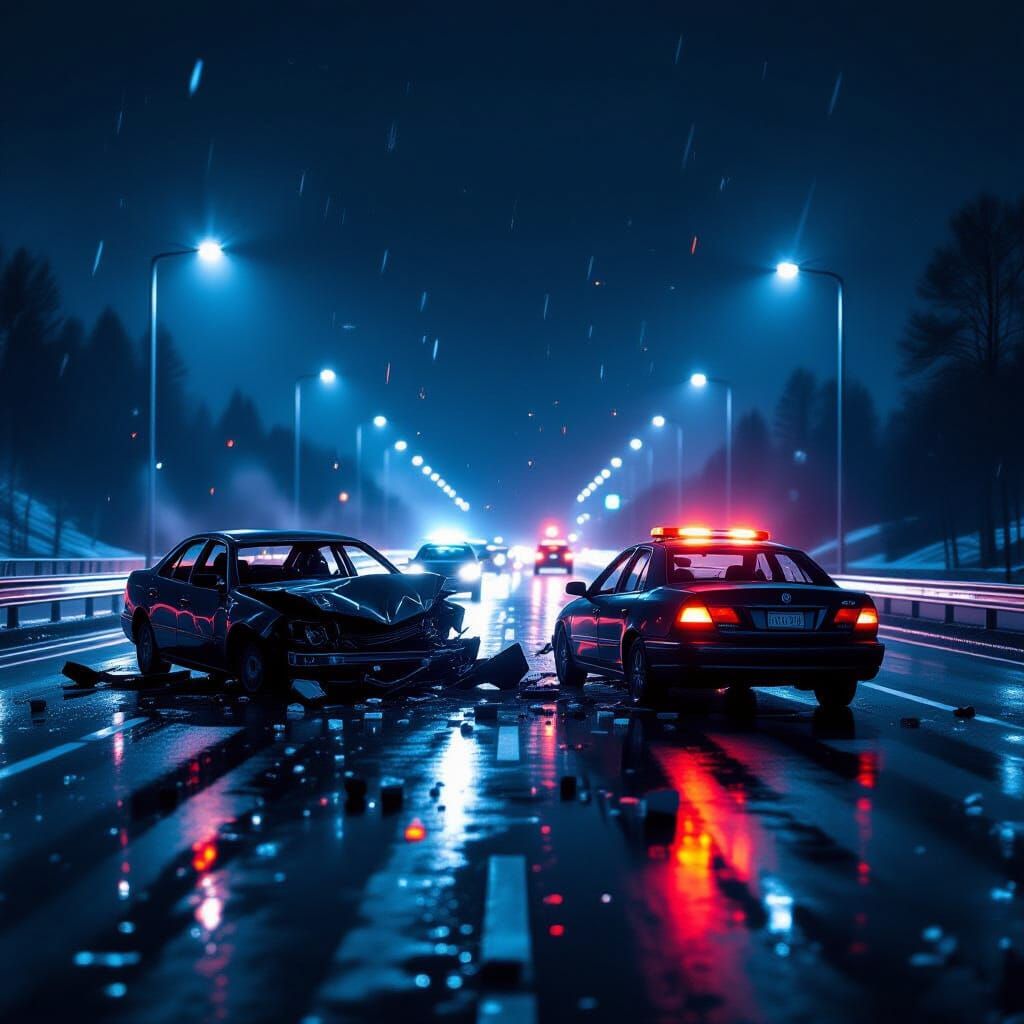 Dramatic Car Crash on Wet Highway at Night