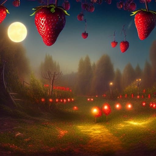Fairytale Strawberry and Blueberry Orchard at Night