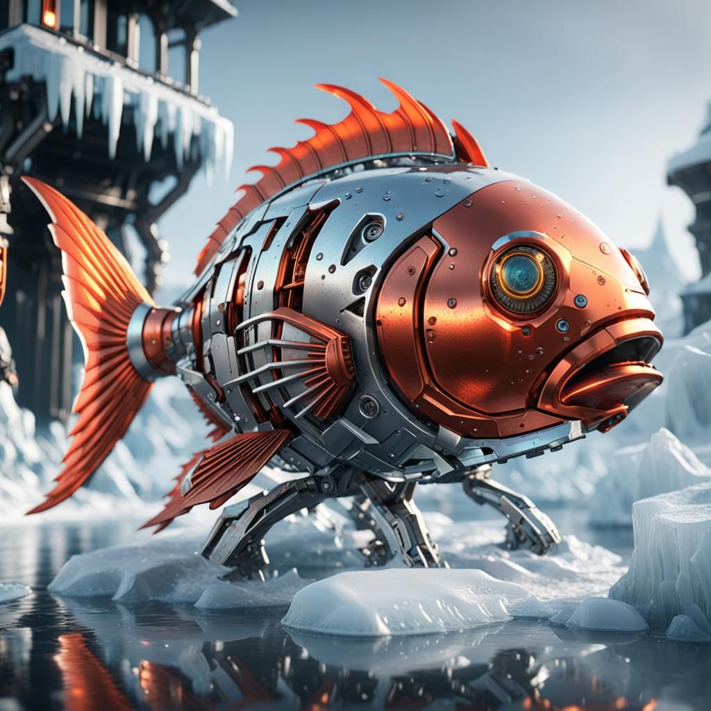 Futuristic Fire Fish in Icy Ocean, Sci-Fi Art