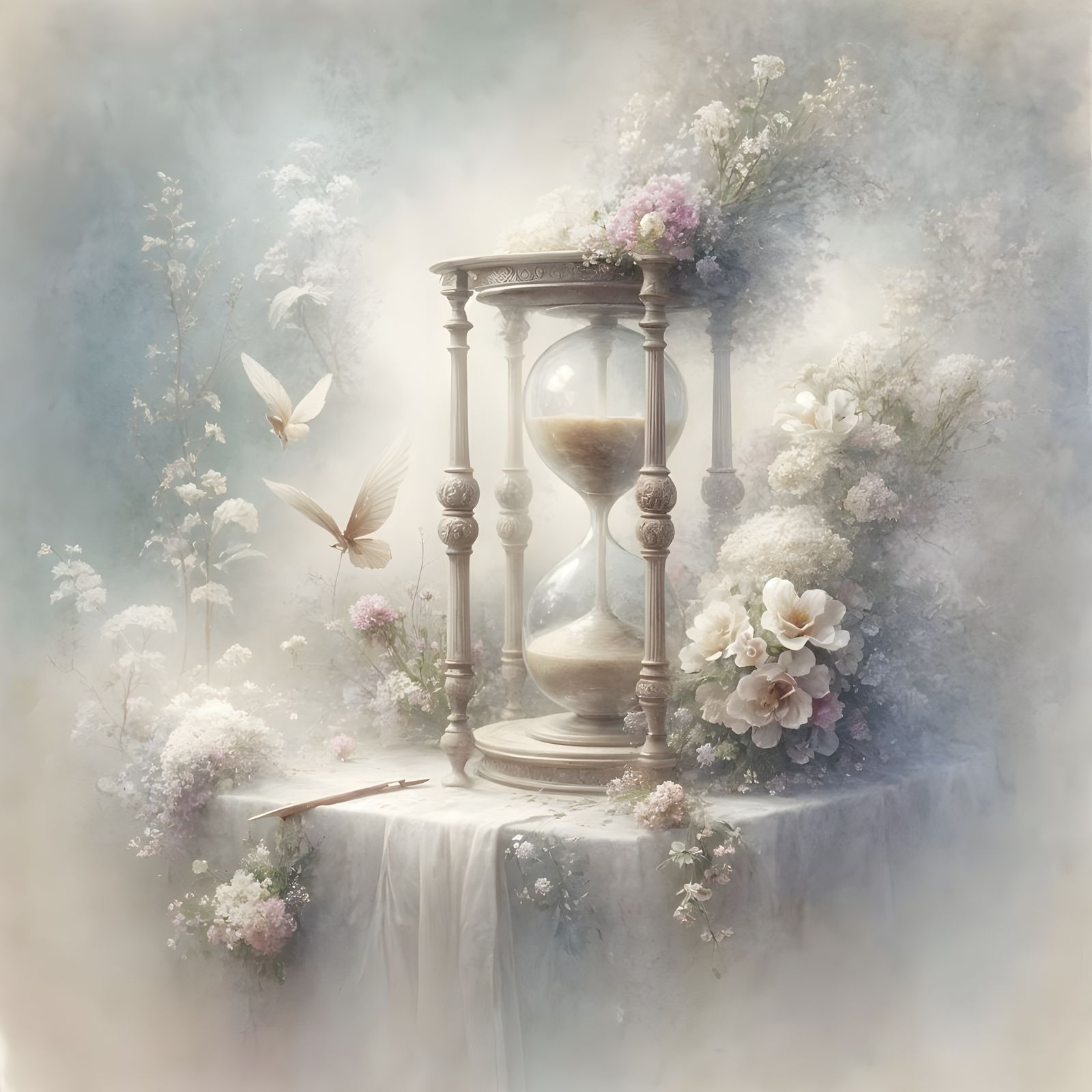 Ethereal Hourglass with Flowers in Watercolor Style