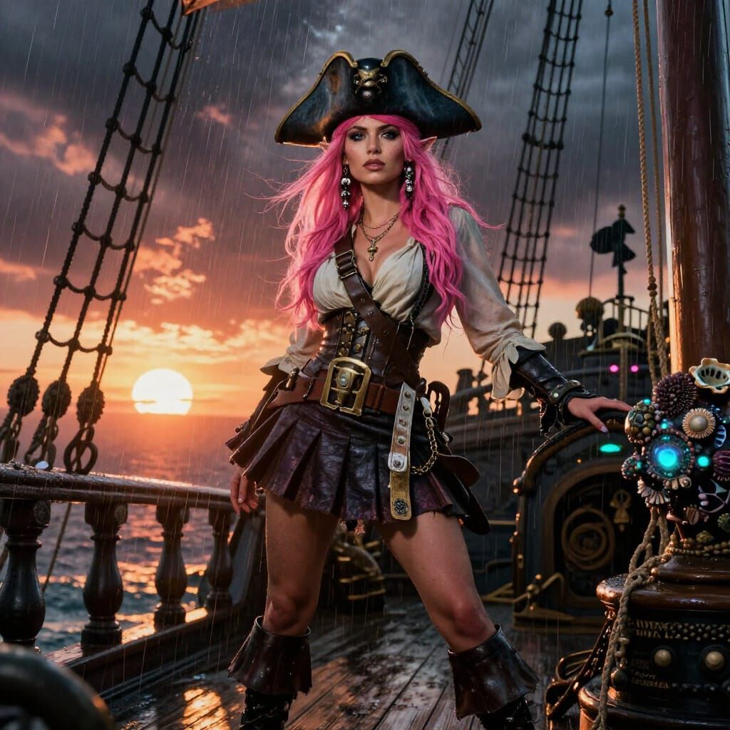 Pink Haired Elven Pirate Queen in Stormy Sunset