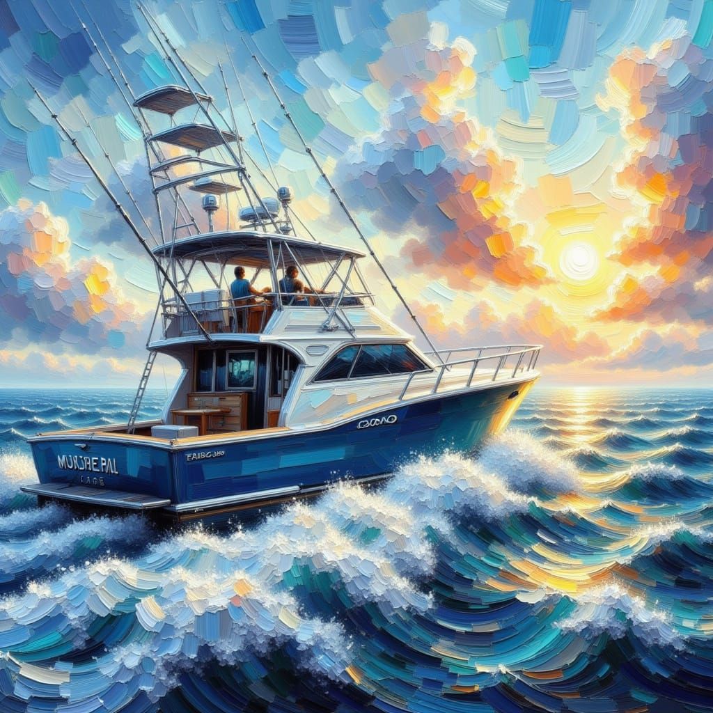 Fisherman Catches Marlin: Impasto Style Seascape