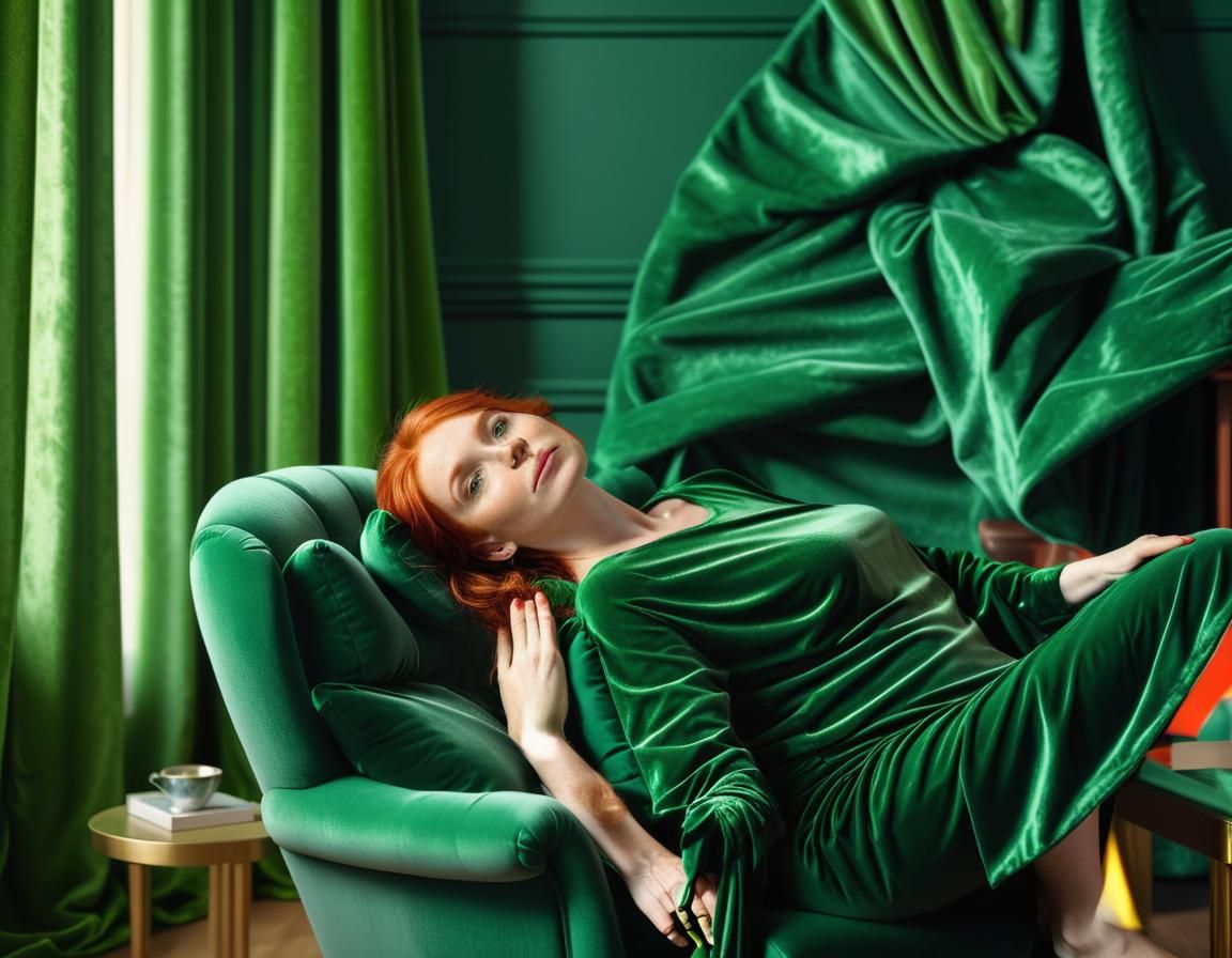 Red-Haired Woman in Lounge Chair with Velvet Curtain
