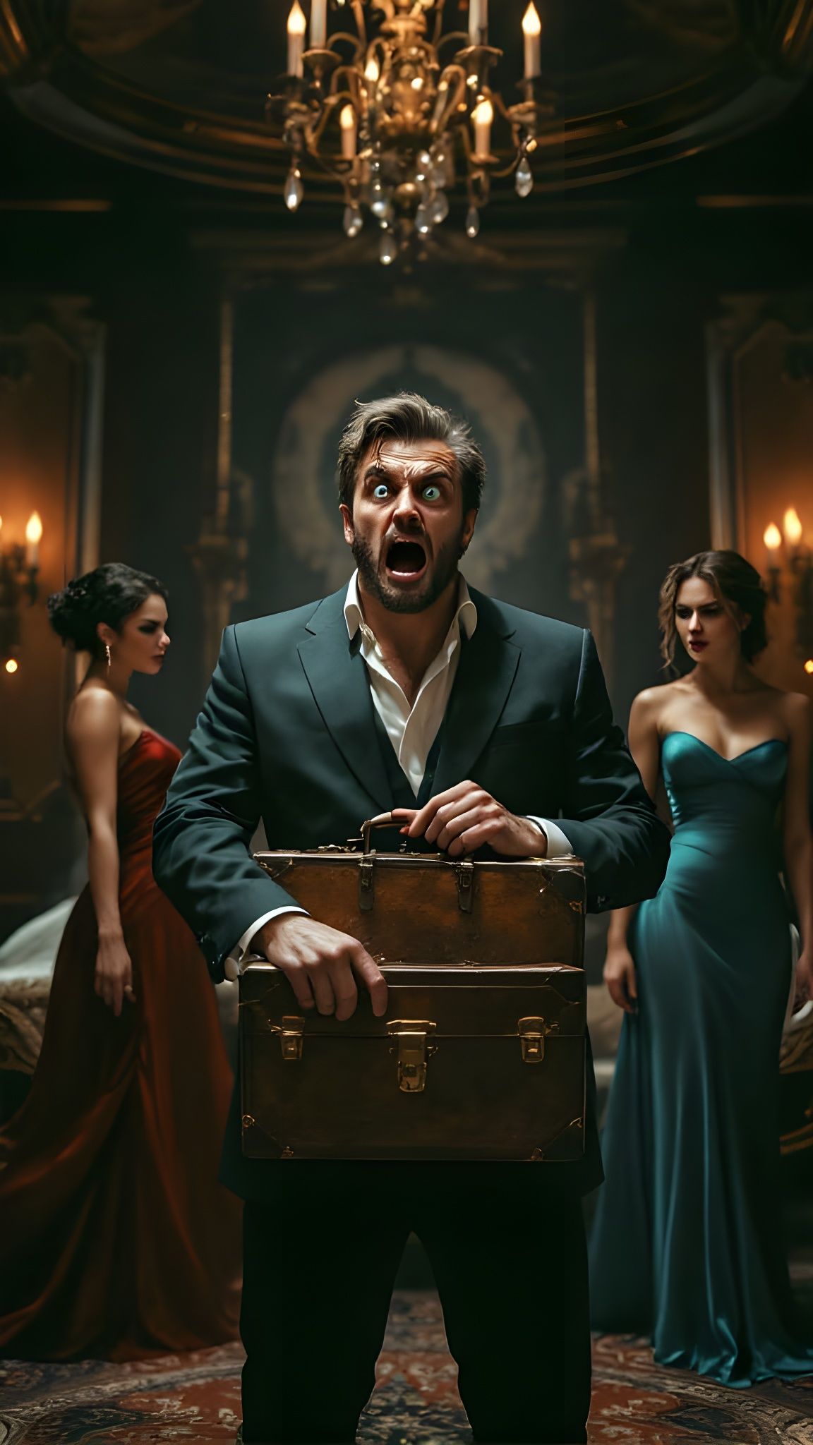 Surprised Man Caught Between Two Angry Women