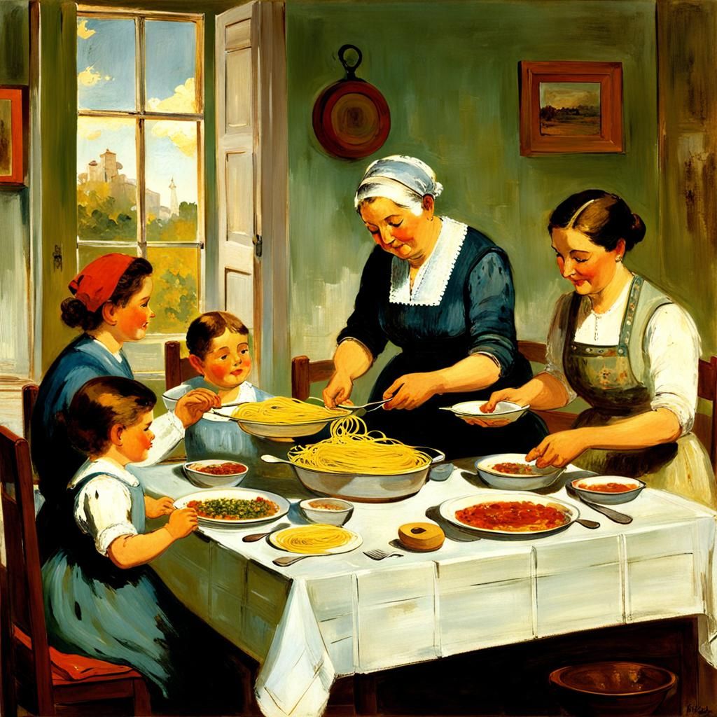 Nostalgic Italian Family Dinner in Impressionist Style