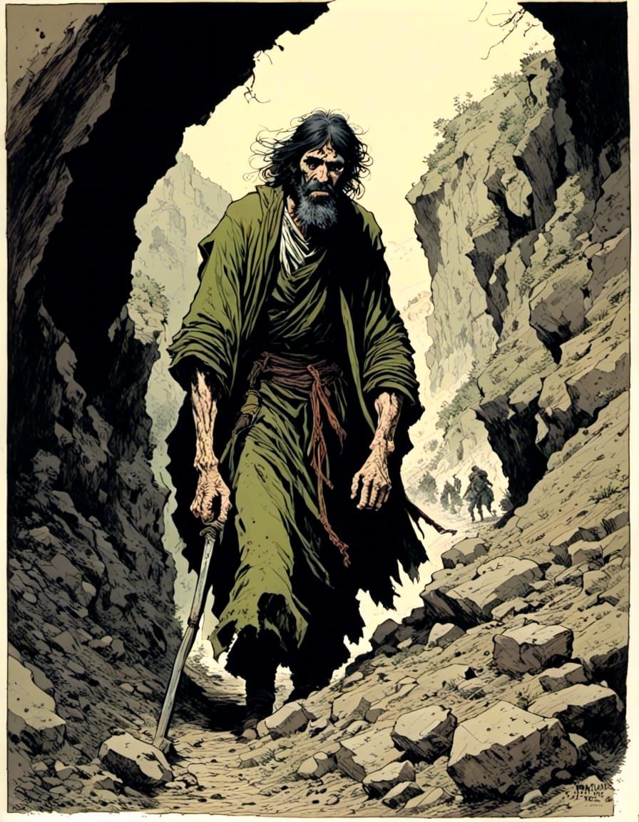 Gritty Portrait of a Peasant Emerging from Cave