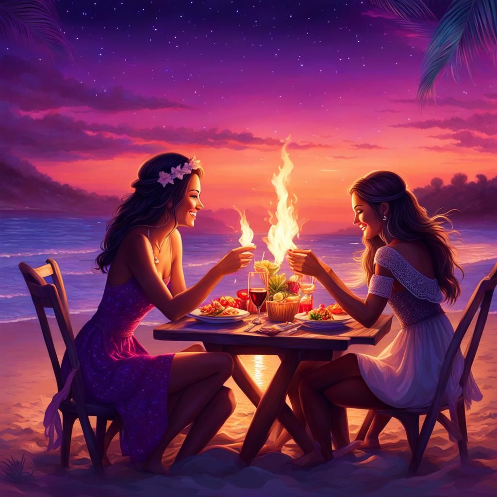 Beach Torchlight Dinner Under Purple Night Sky