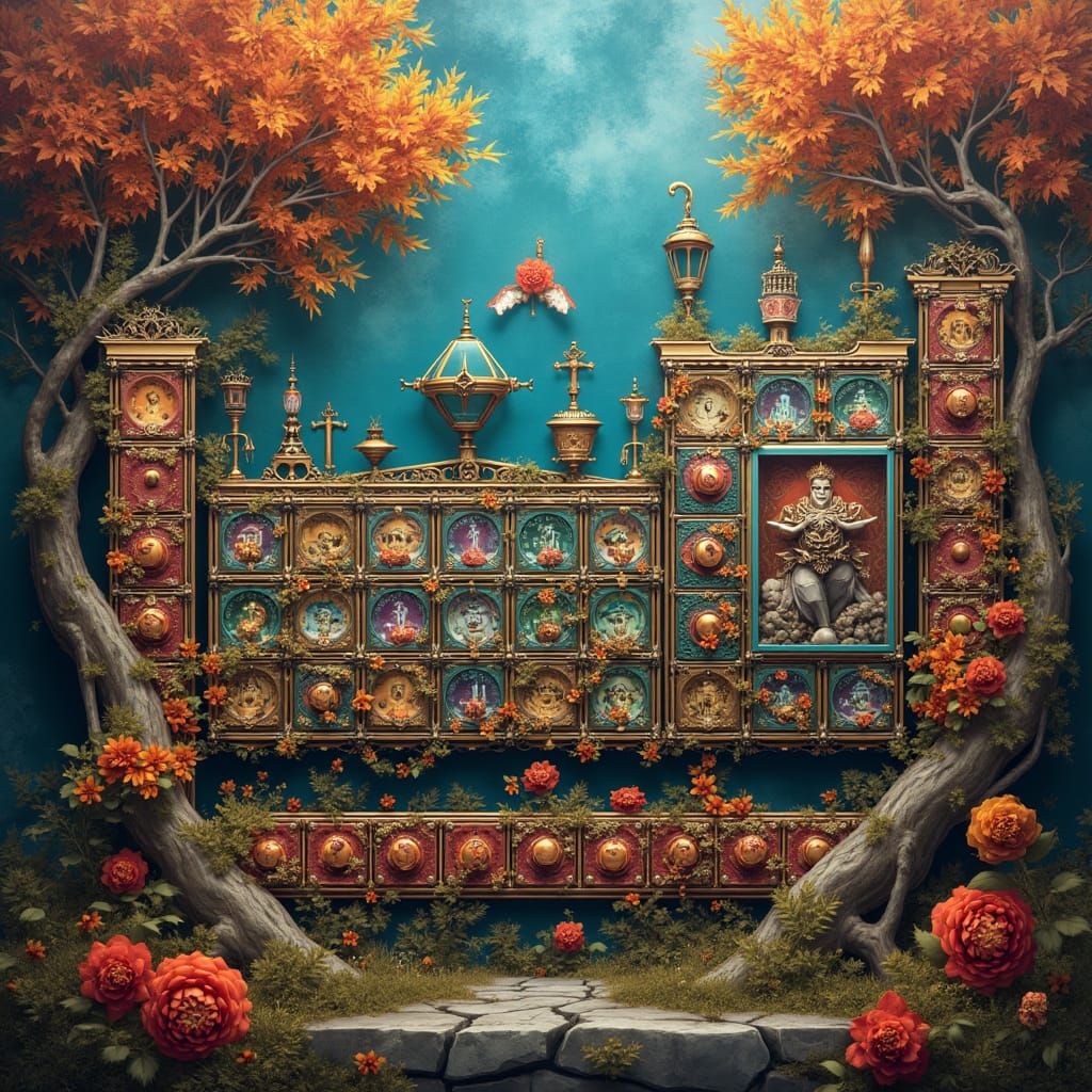 Steampunk Periodic Table with Autumnal Flowers in 8K