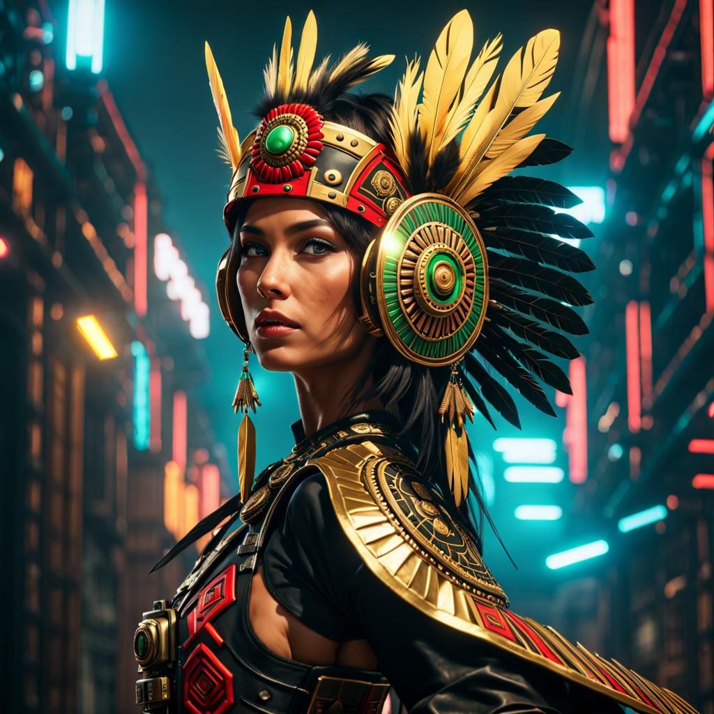 Aztec Headdress and Cyberpunk Armor, Hyperrealism