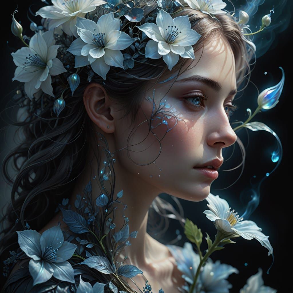 Spectral Mist Figure Reaches for Ephemeral Flower in Etherea...