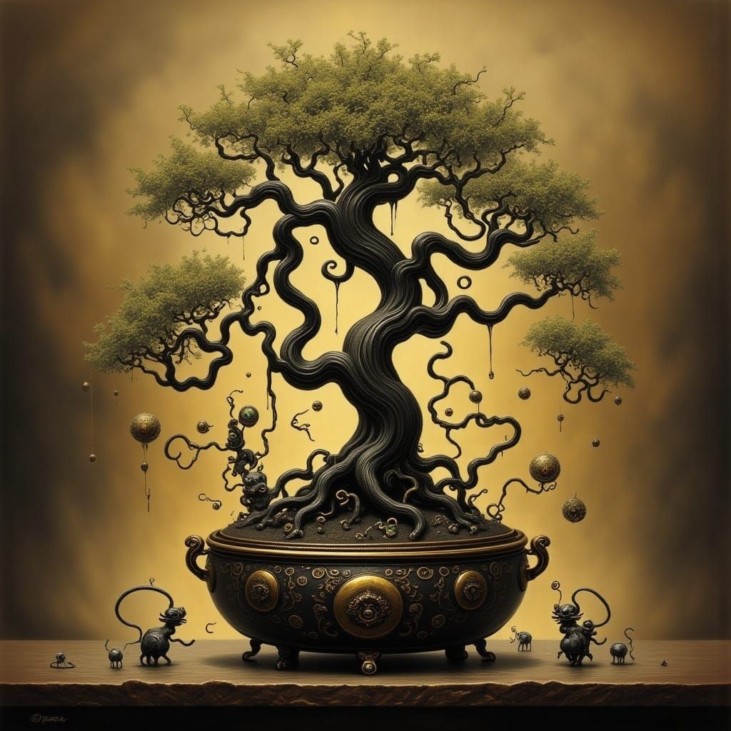 Art Nouveau Brass Bonsai Tree in Gilded Glass Bottle