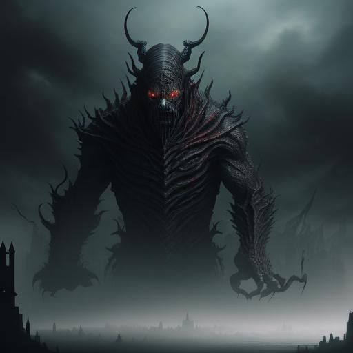 Ominous Shadow Entity in Dark Fantasy Cityscape