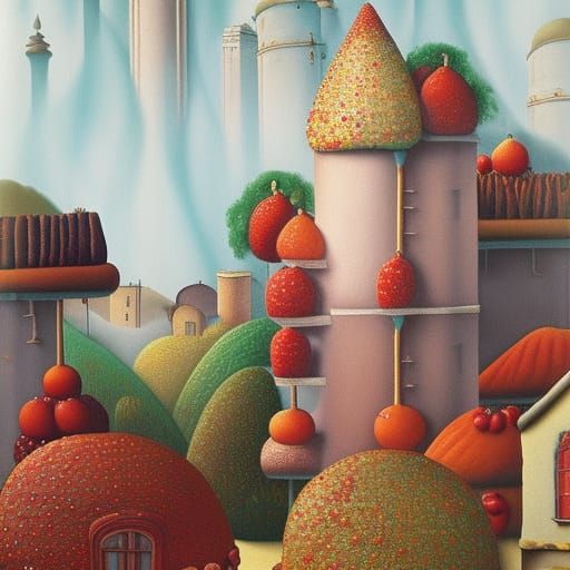 Cake Village: A Surreal Watercolor Dreamscape