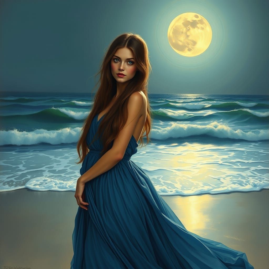 Romantic Realism Woman in Blue Gown by Moonlit Ocean