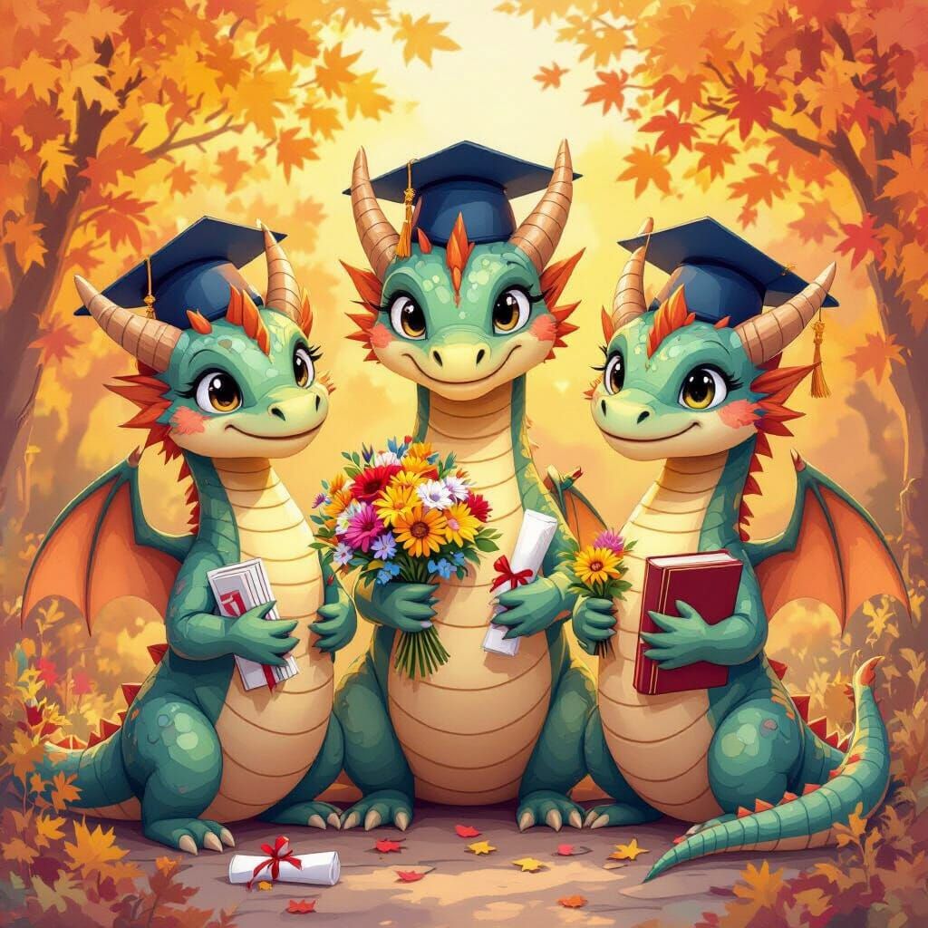 Three-Headed Dragon Graduates: Watercolor Illustration