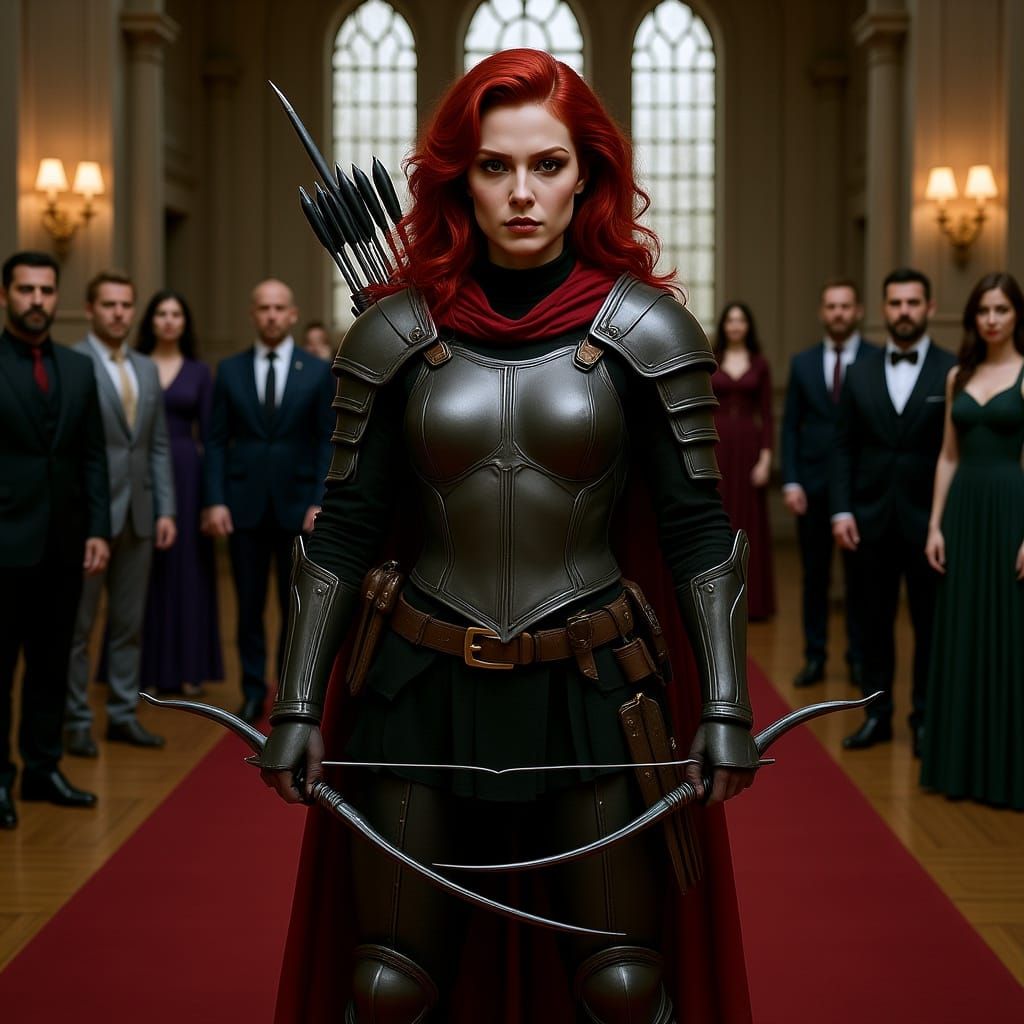 Female Warrior in Armor with Bow and Arrow