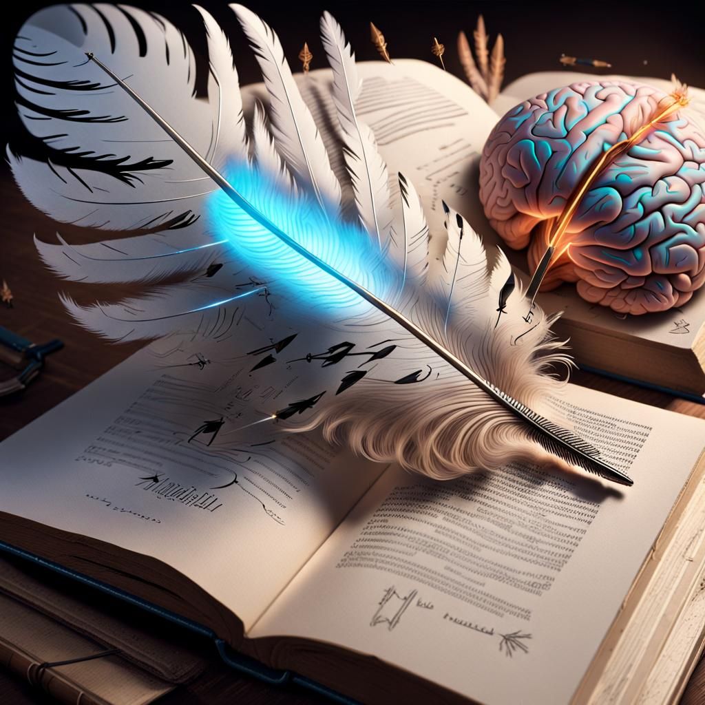 Feather, Book, and Glowing Brain: Wisdom Concept Art