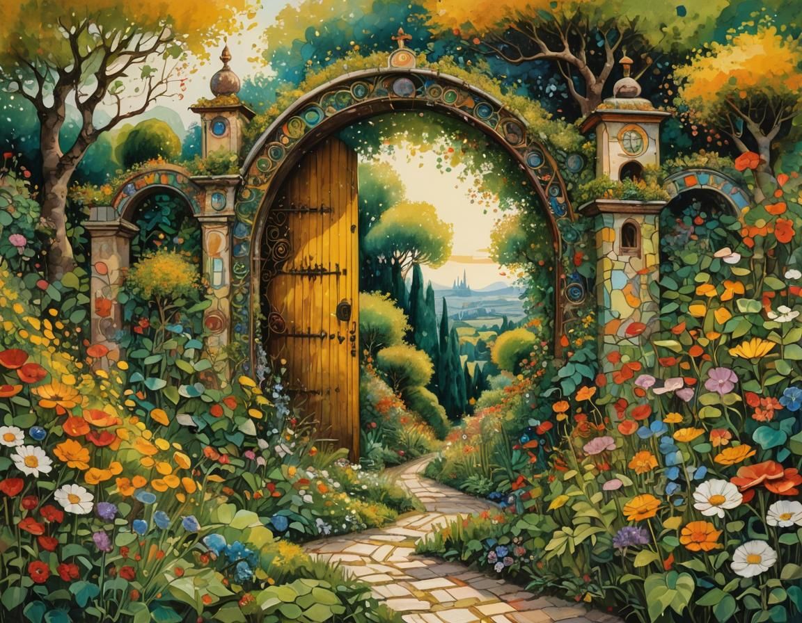 Whimsical Garden Gate in a Vibrant, Ornate Wall