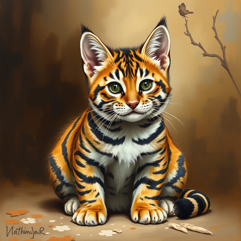 Miniature Cat Painted as Regal Tiger in Oil Painting Style