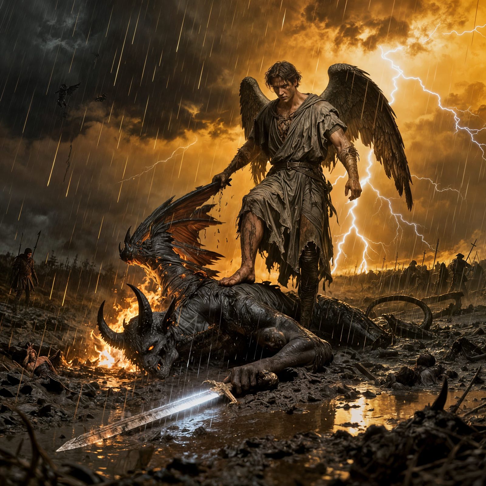 Epic Dark Fantasy: Angel Victorious Over Smoldering Demon