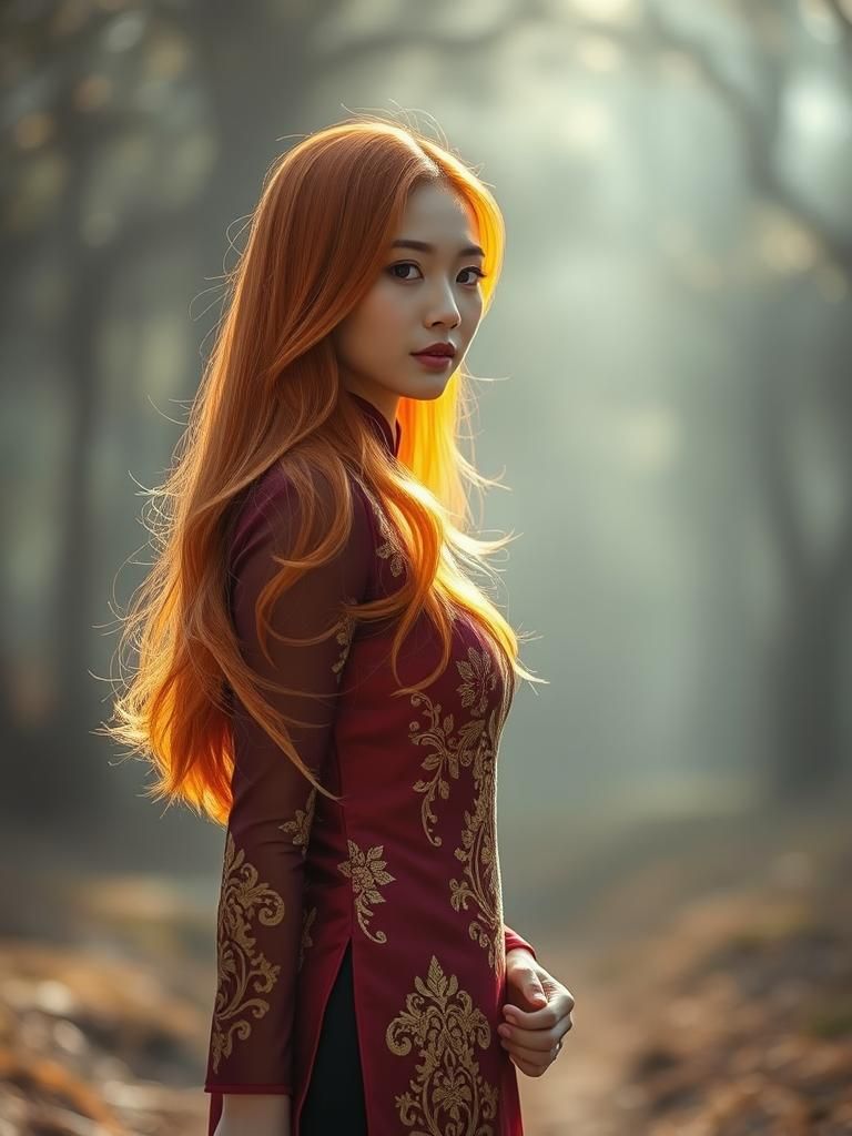 Asian Woman with Vibrant Orange Hair in Traditional Cheongsa...