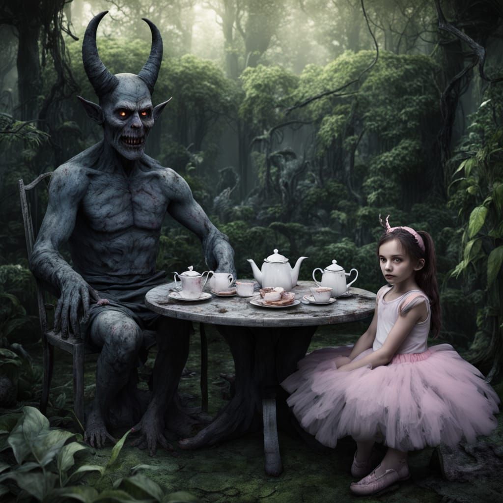 Girl's Tea Party with the Devil in Eerie Garden