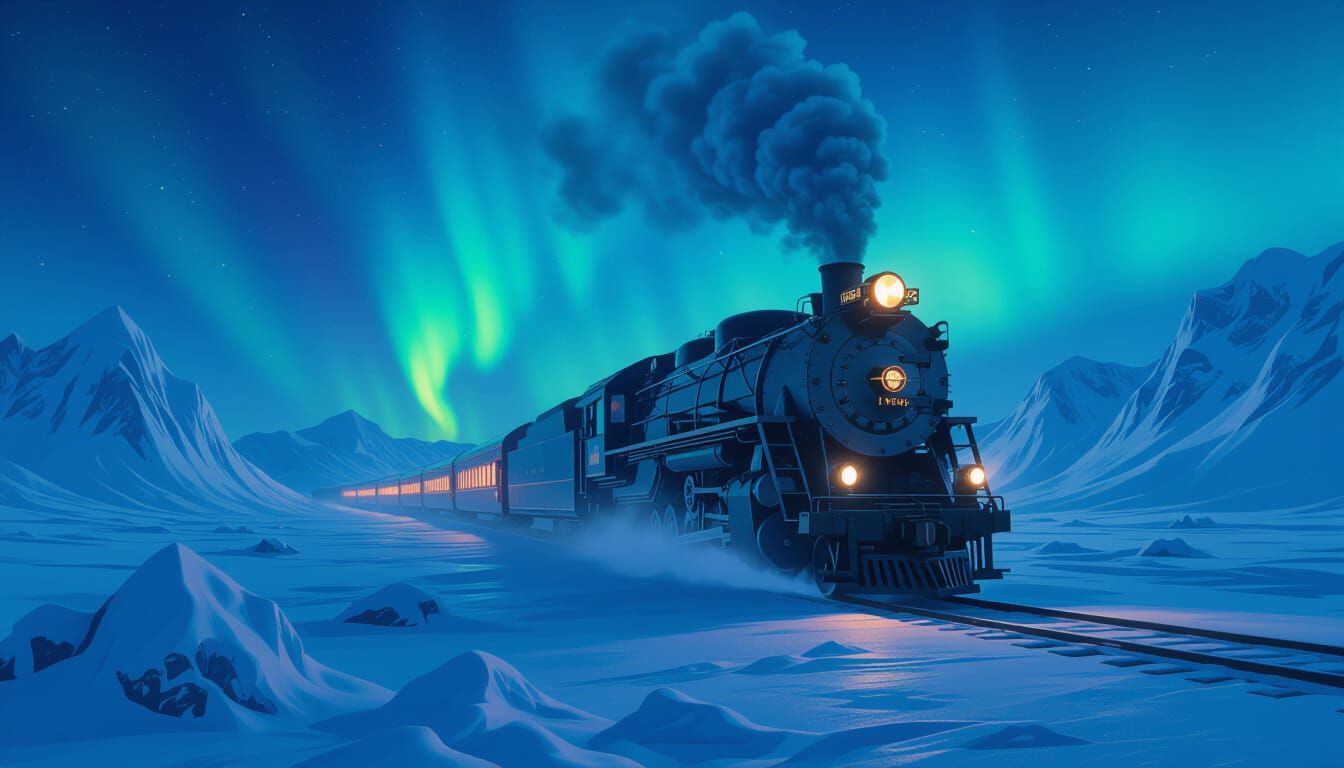 Arctic Train Under Aurora Borealis in Retro-Futurist Style