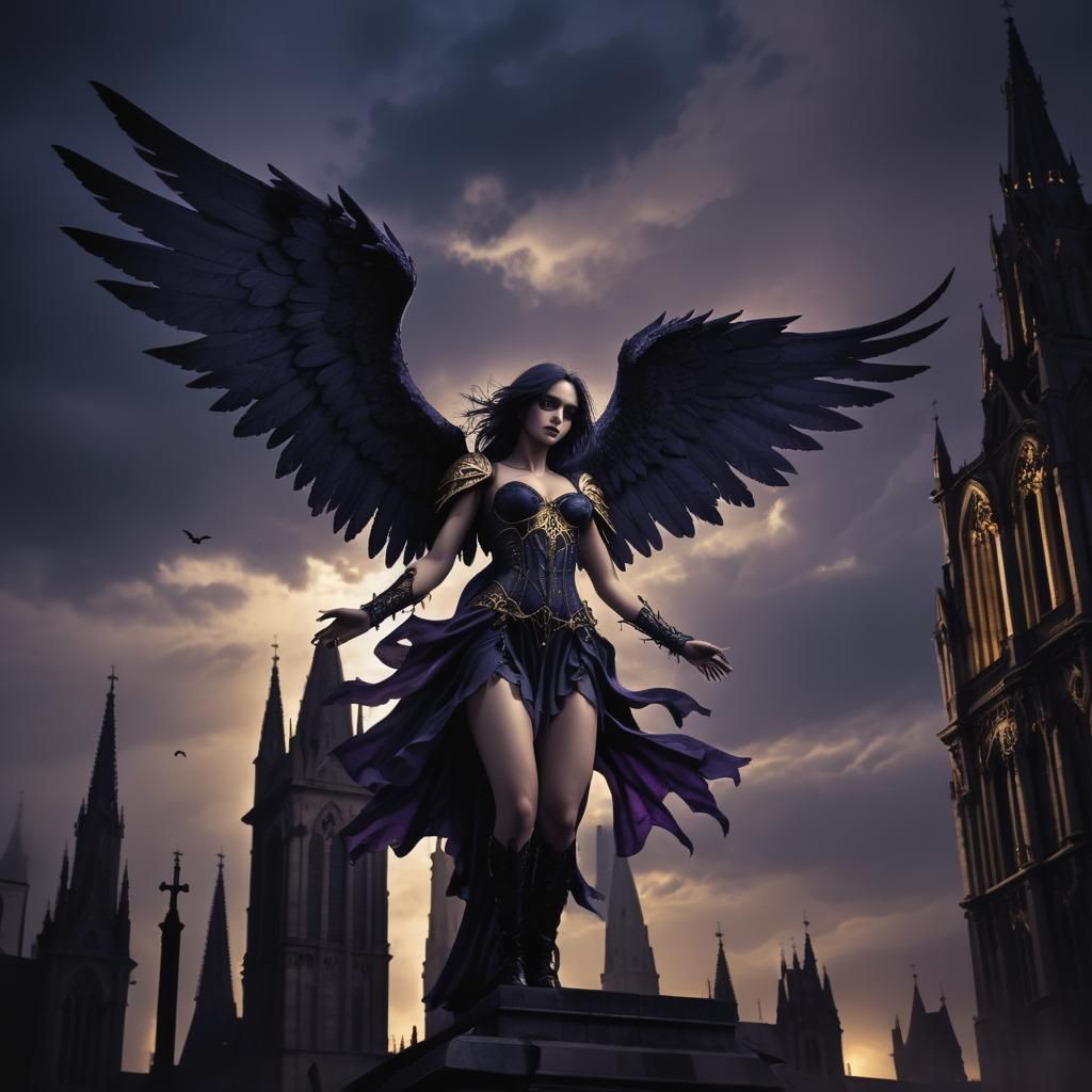 Dark Angel Spreading Wings on Gothic Cathedral