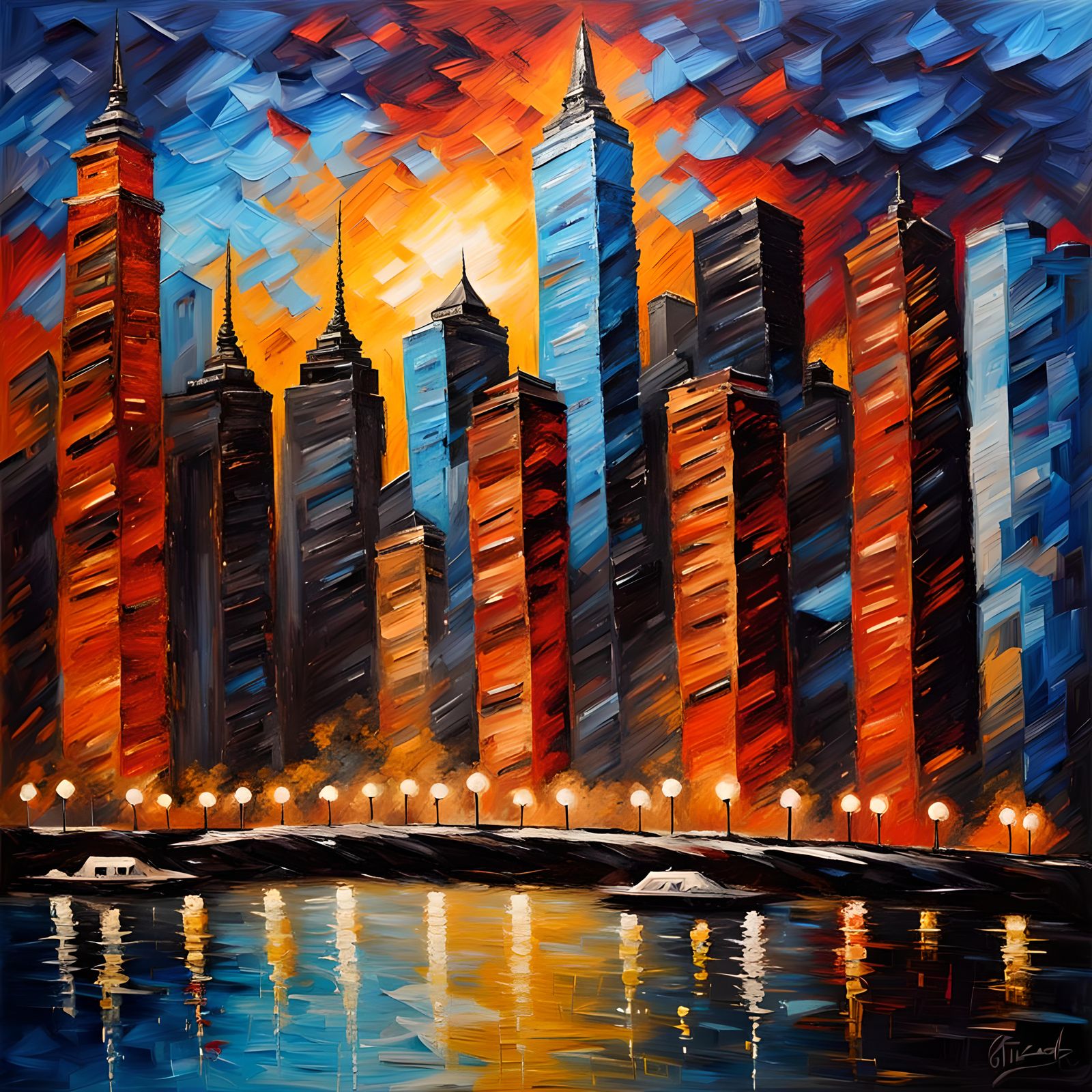 Impasto painting of a beautiful epic magnificent cityscape,  high contrast, high black point, brilliant colors