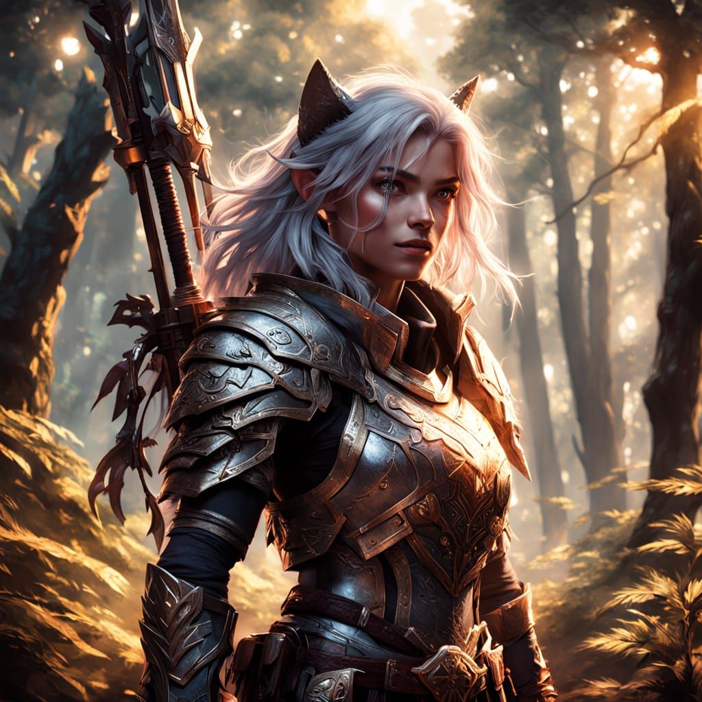 Fantasy Miqo'te Warrior in Sunlit Forest