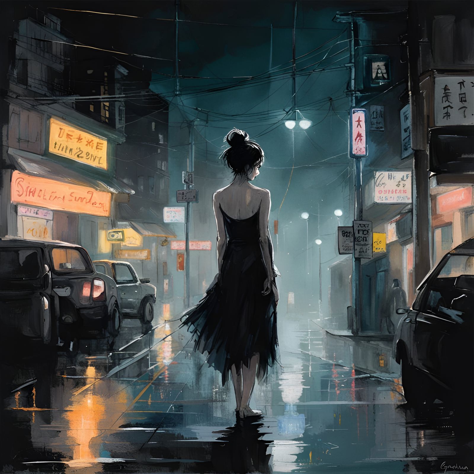 Neon Woman with Stars in Foggy Tokyo, Digital Art