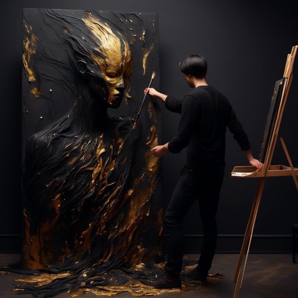 Matte Black Magician Painting with Golden Highlights
