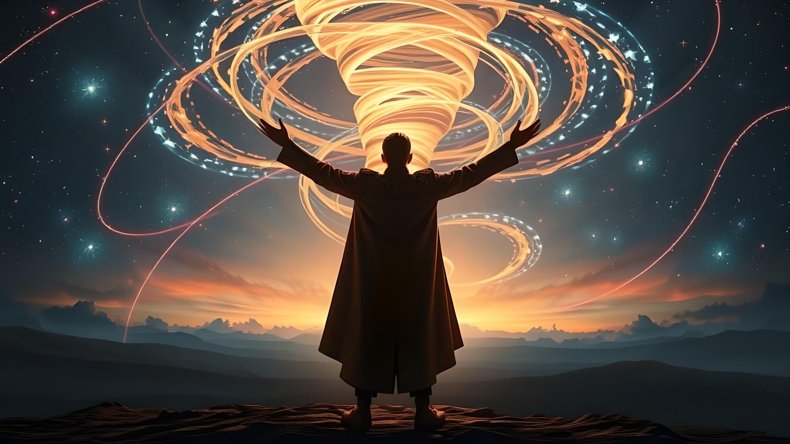 Man Controls Space Tornado in Photorealistic Style