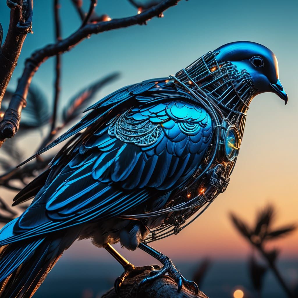 Cyborg Dove Perched in a Biomechanical Tree