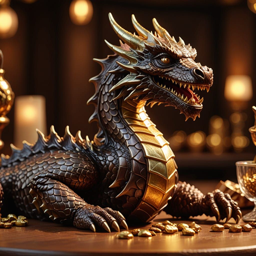 Detailed Chocolate Dragon Statue in Golden Light